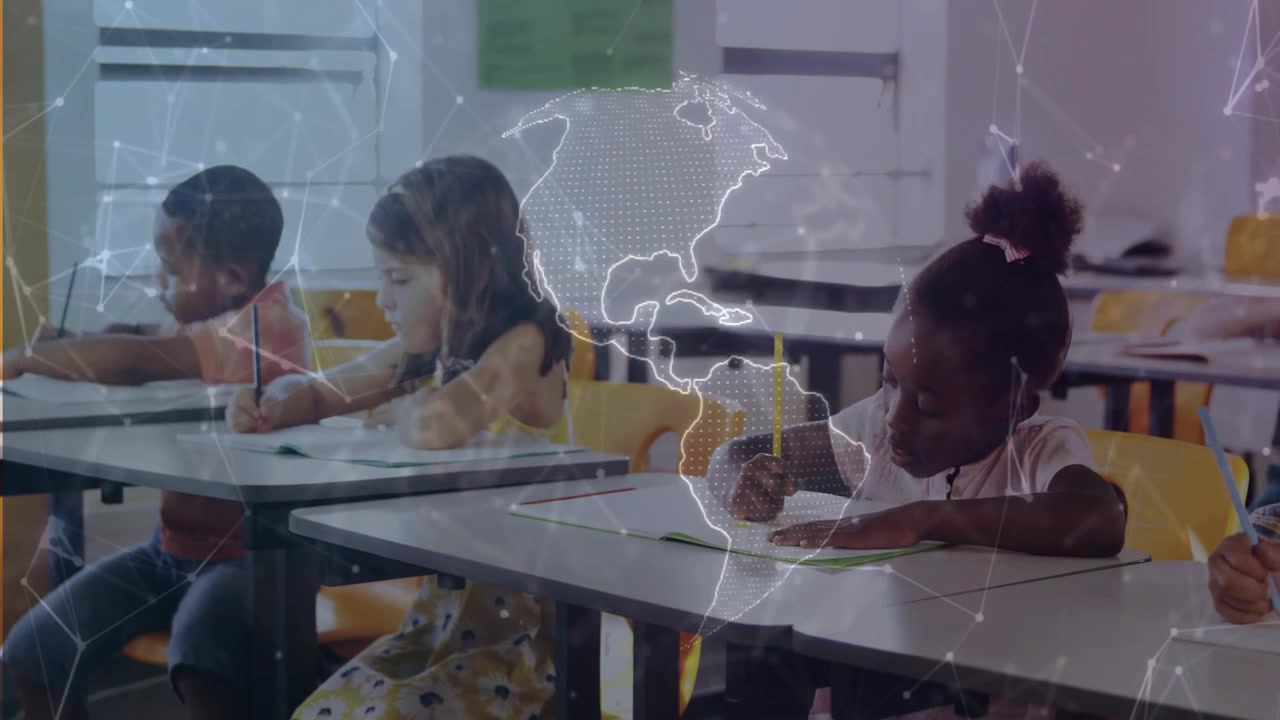 Pupils starting writing in class globe overlay sweeping over desks showing continents for learning