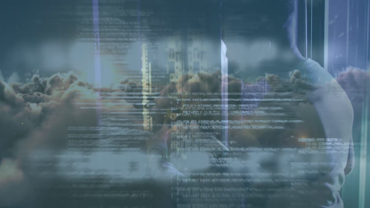 Animation of data processing over african american male server room worker