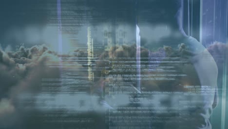 animation of data processing over african american male server room worker