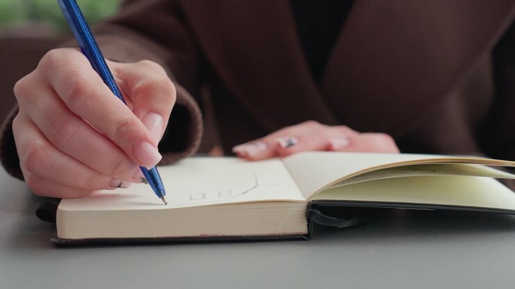 Close up shows woman hands holding blue pen drawing simple geometric shapes in open notebook on table. focus remains steady capturing detailed hand movements and paper texture
