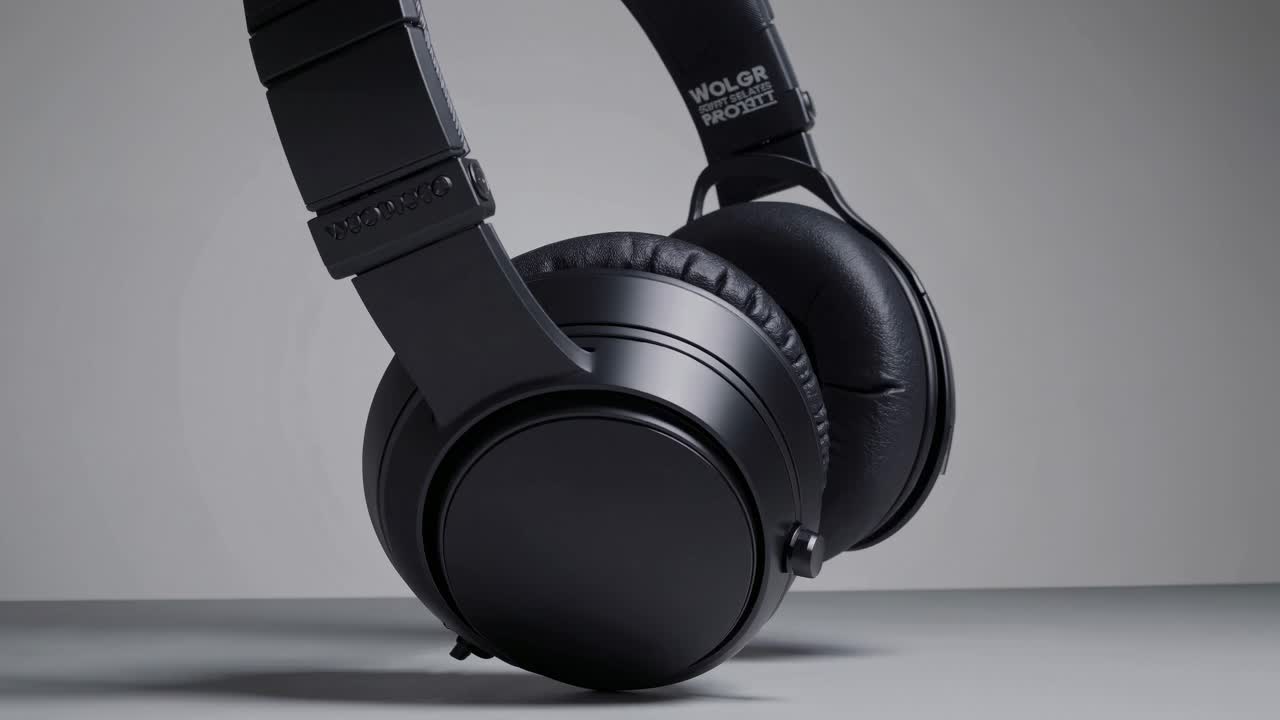 Close-up, low-angle shot of sleek black headphones on a gray background, emphasizing modern design