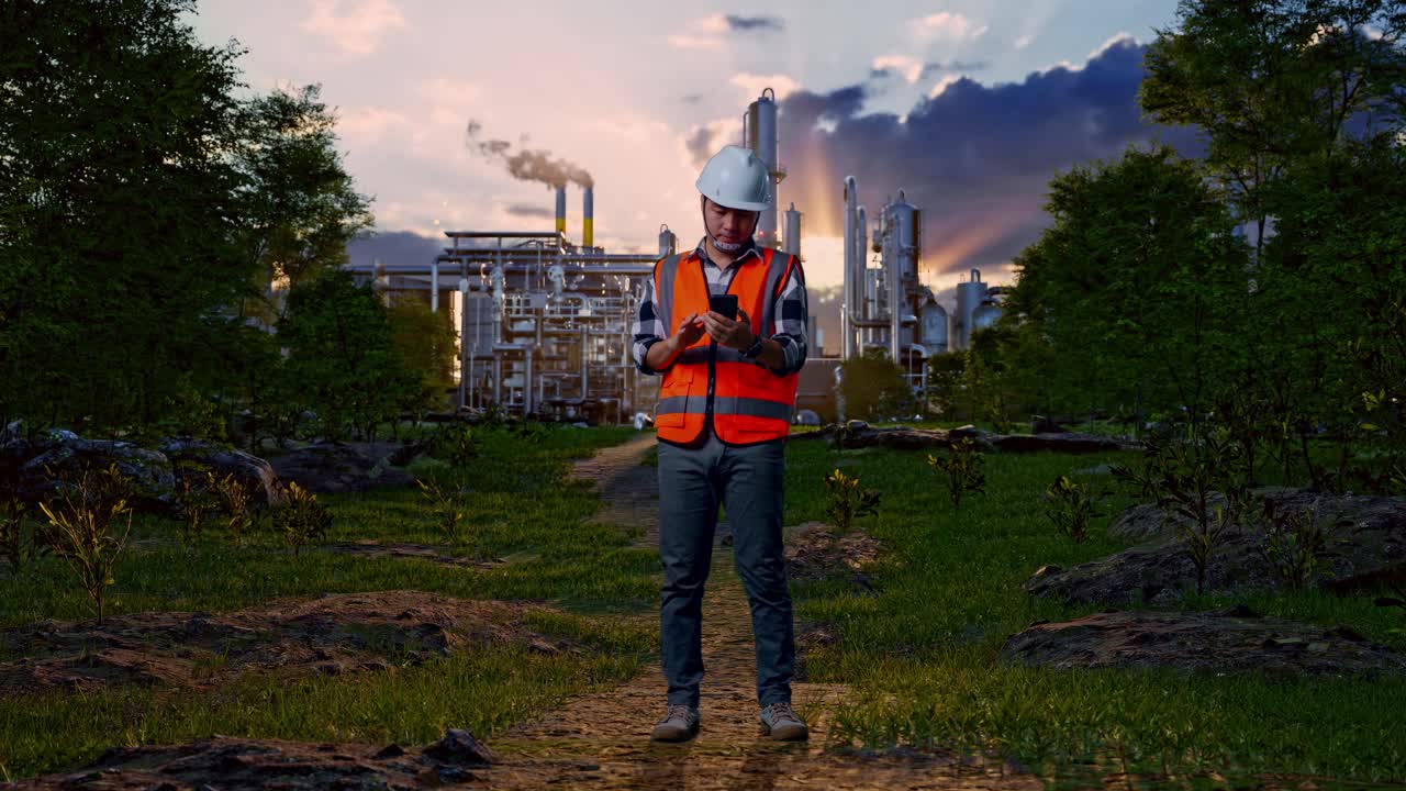 Full Body Of Asian Male Engineer With Safety Helmet Using Smartphone While Standing In Front Of Oil Refinery