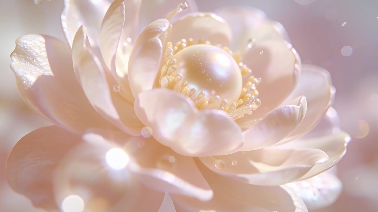 La messa a fuoco si stringe, la telecamera si avvicina a un fiore di perla pallido in studio, rivelando il nucleo di perla e la rugiada.