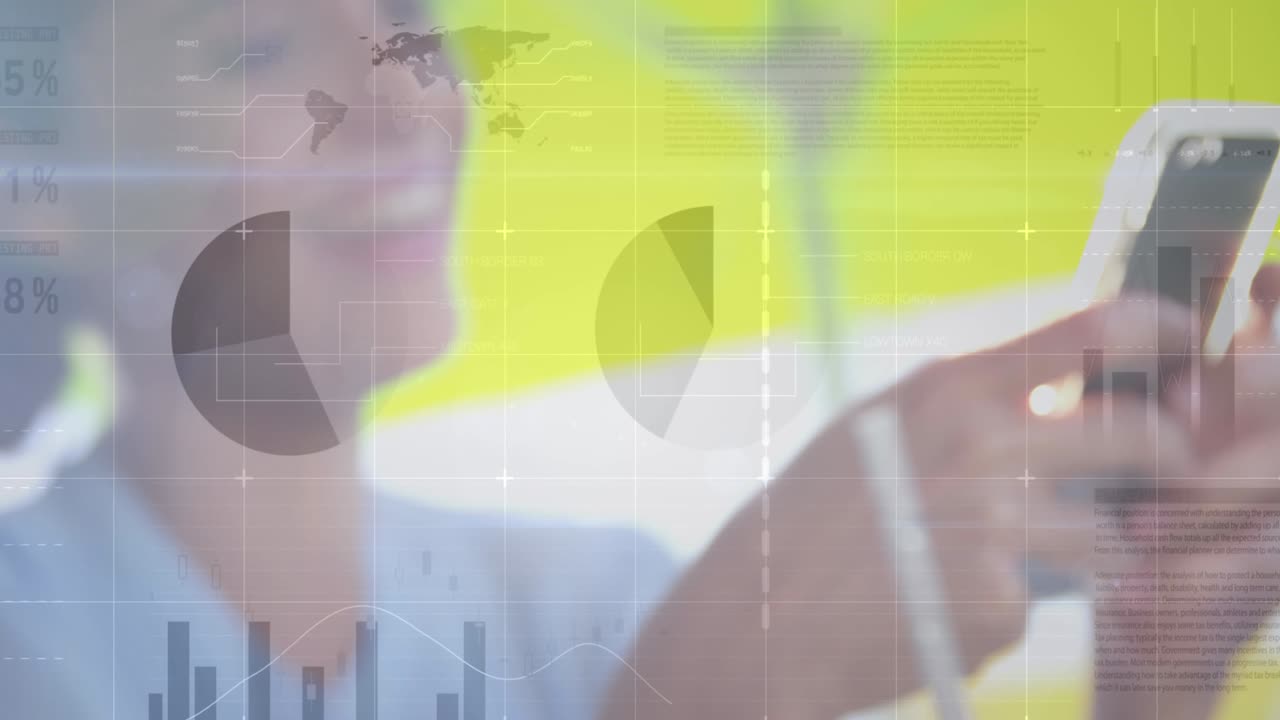 스마트 폰을 사용하는 여성에 대한 통계 및 데이터 처리 애니메이션