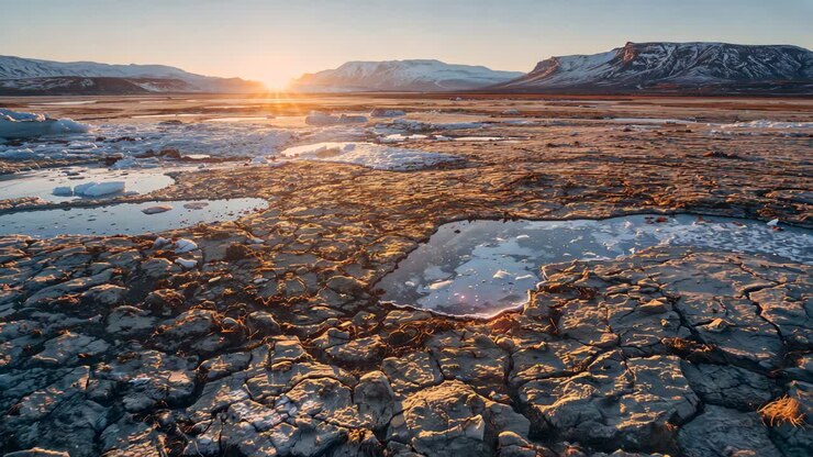 Camera moving forward over black sand shoreline with cracked ice meltwater and sunlit mountains