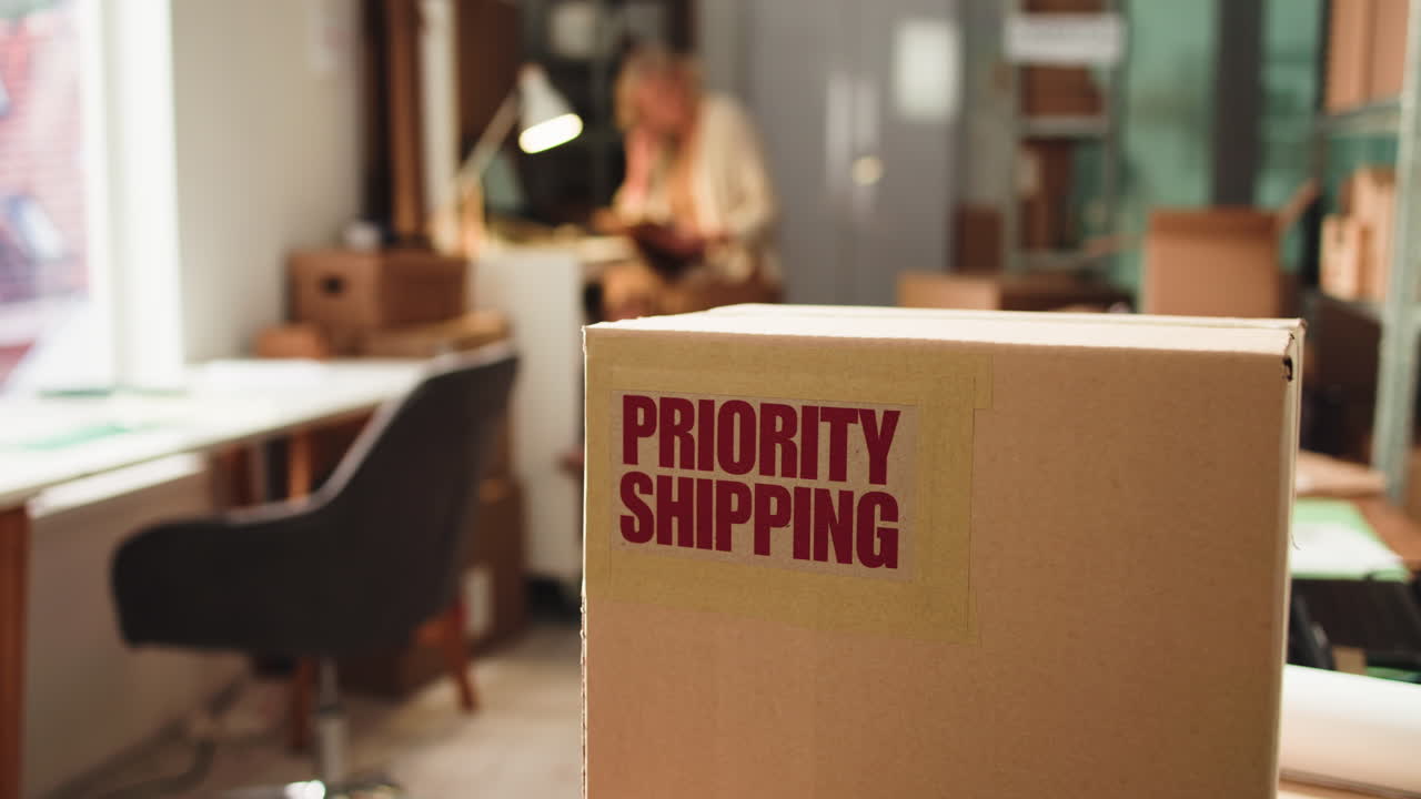 Close-up of Priority Shipping Box in a Logistics Office