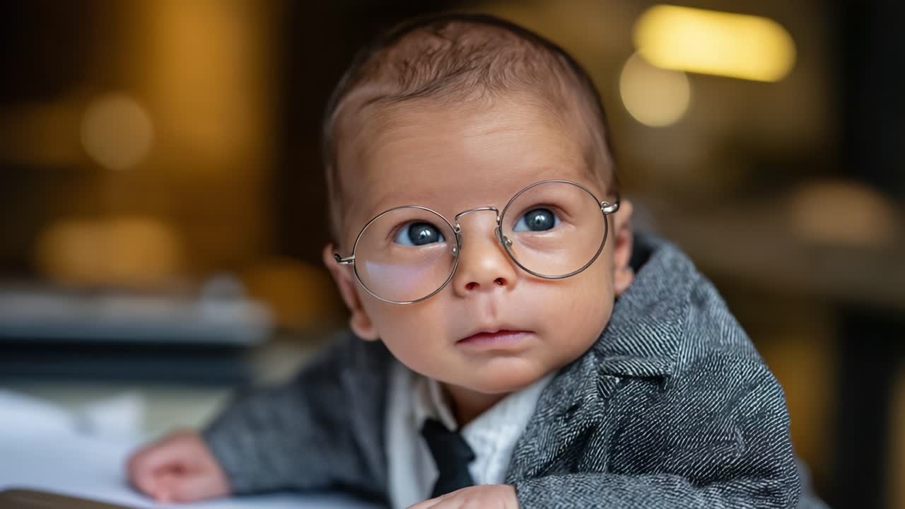 Un bambino adorabile in abiti eleganti con occhiali e un abito, che cattura un momento spontaneo di innocenza e fascino in un ambiente interno