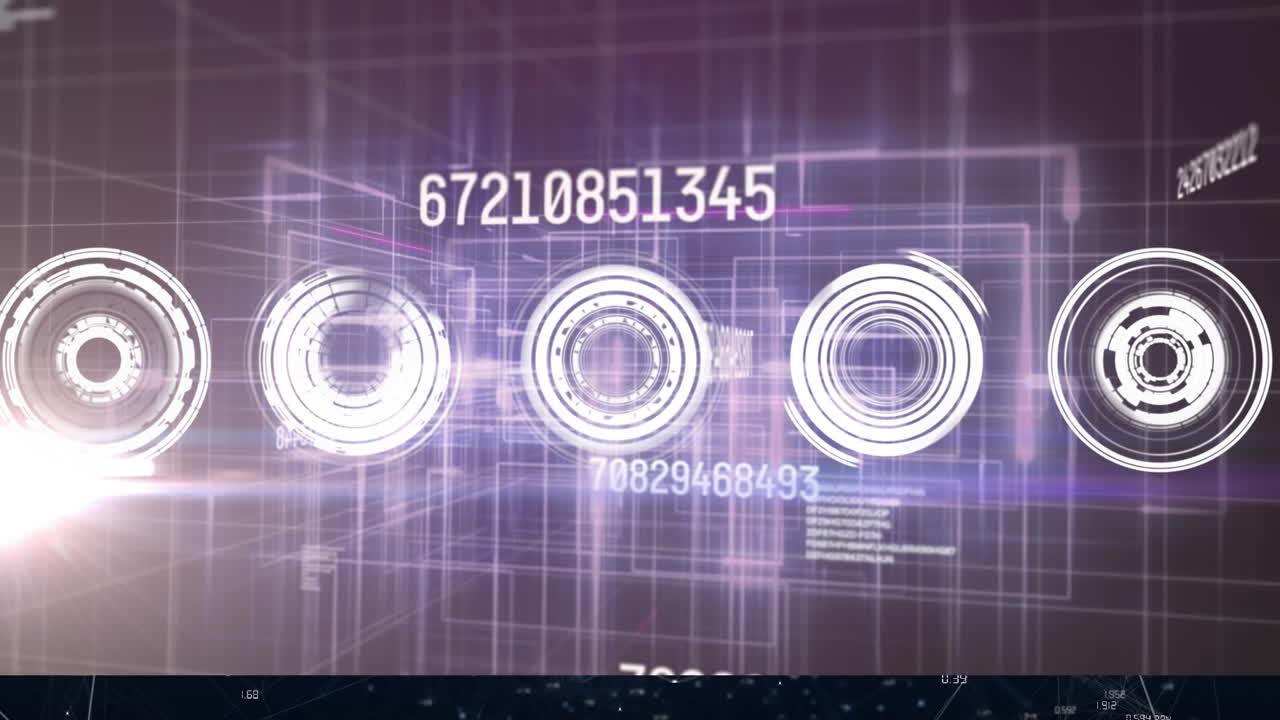 animación de múltiples escáneres redondos y puntos de luz contra el cambio de números y procesamiento de datos