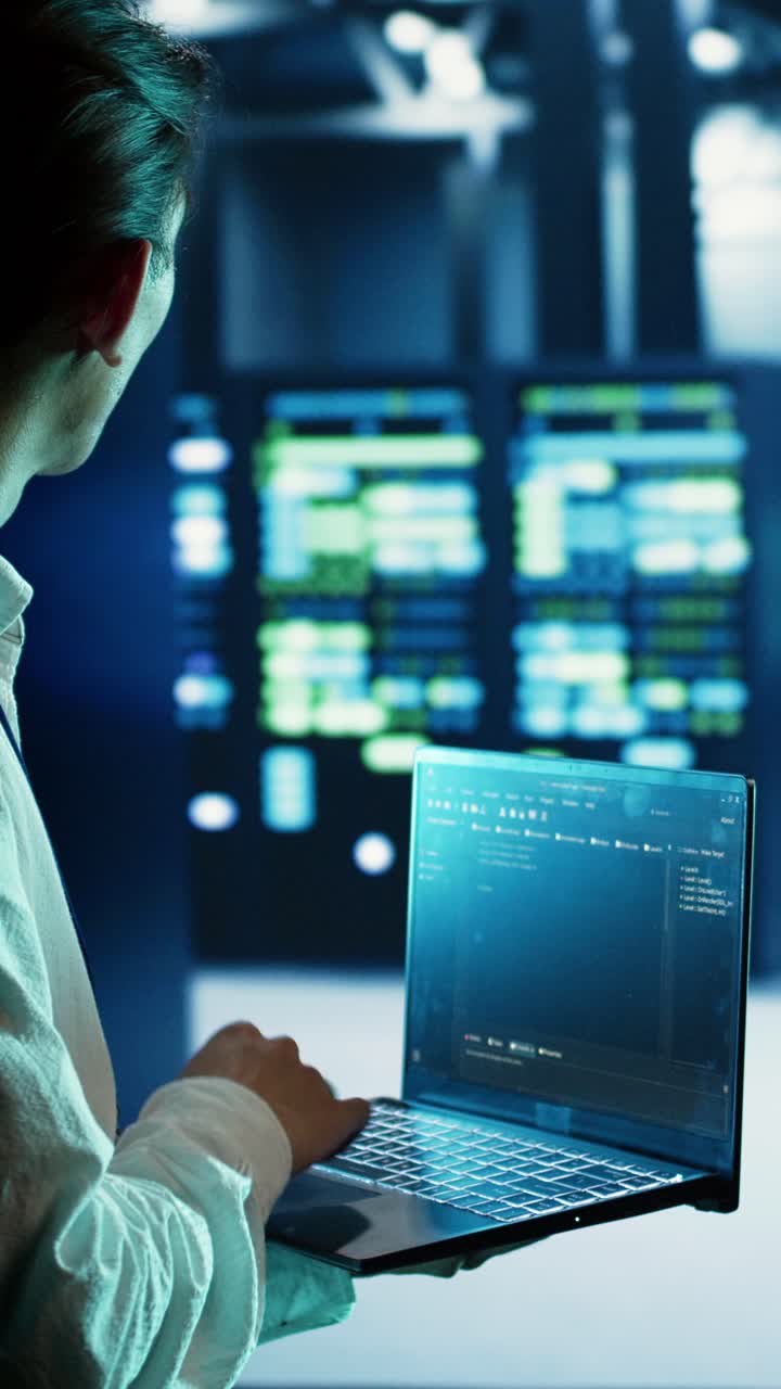 Un tecnico di video verticali esegue il codice nel data center