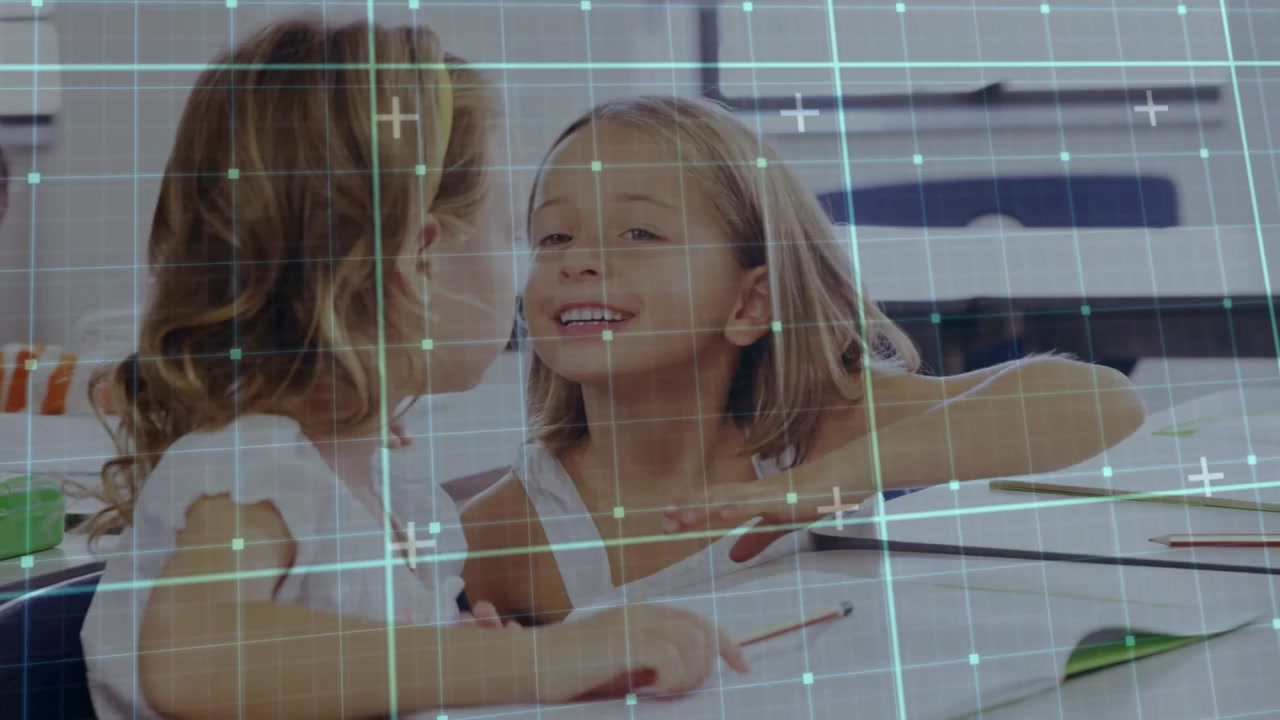 Two pupils school desk right whispering nudging left pausing writing pencils grid overlay scanning
