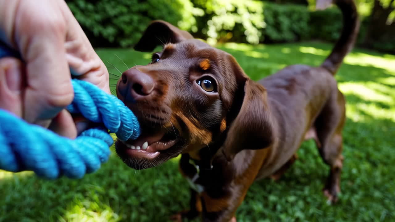 Cucciolo giocoso impegnato nel tiro alla fune con una corda blu