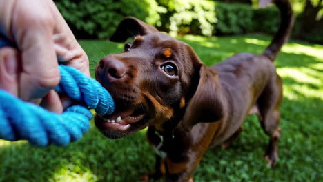 playful puppy engaged in tug-of-war with a blue rope