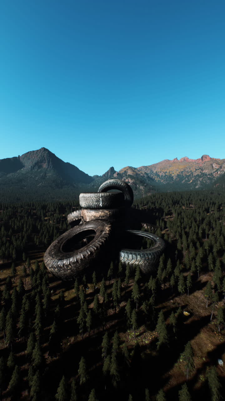 Tires Stacked in a Forest