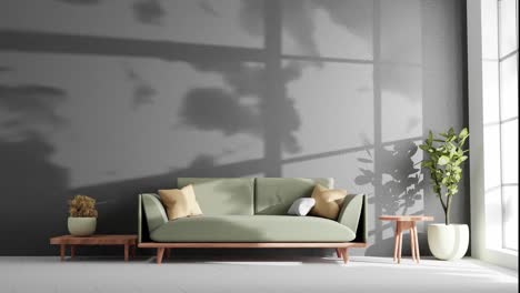 Modernes-Wohnzimmer-In-Einer-Wohnung-Mit-Couch-Und-Wolkenschatten,-Die-Sich-Durch-Eine-Sanfte-Sommerbrise-An-Der-Wand-Bewegen,-Rendering-Animationsarchitektur-Innendesign-Konzept