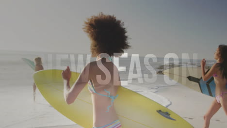 three women running on sandy beach toward ocean, showcasing animated surfboard icons for marketing