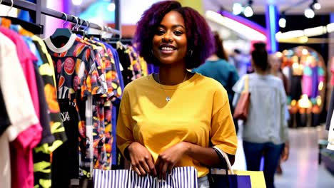 a woman in a yellow shirt is smiling and holding a shopping bag in a store