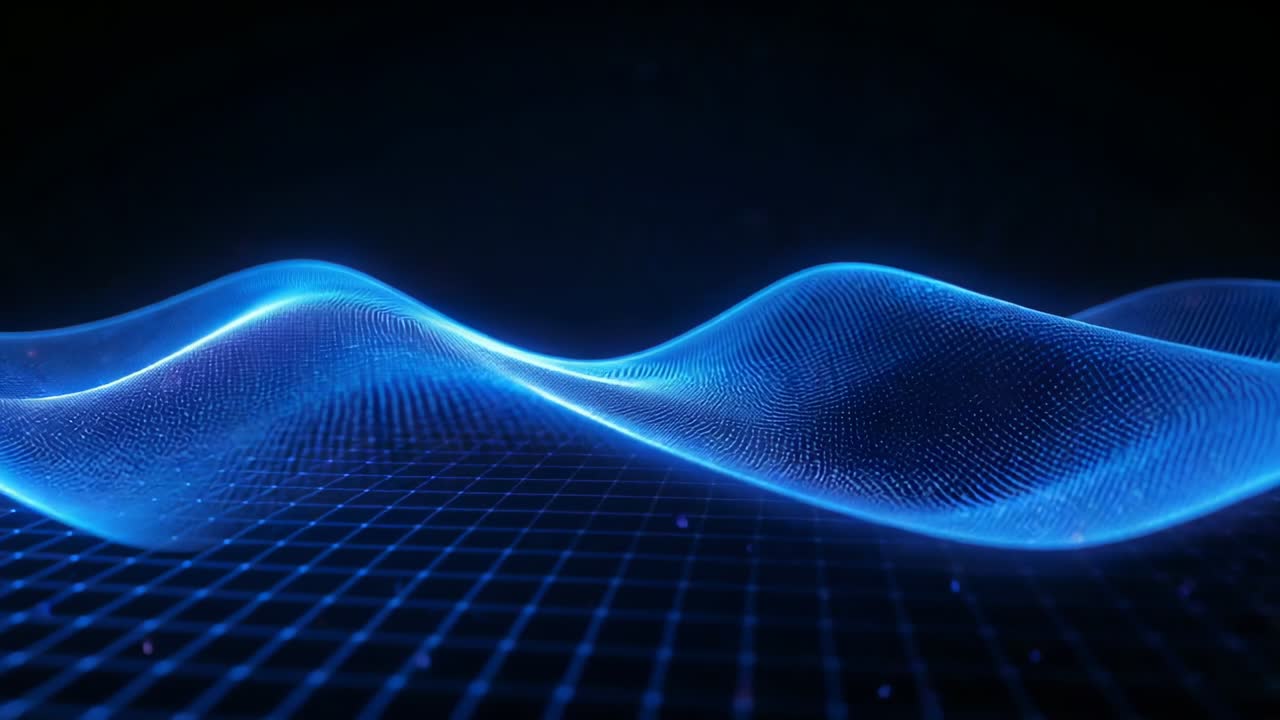 Flowing from crests, blue mesh wave shifting in void, pulsing rim, grid, sparks visualizing data