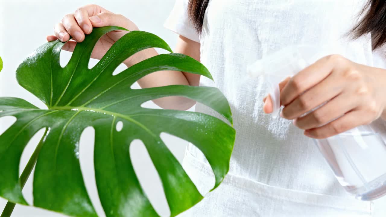 Premendo l'ugello dello spray, una donna con un grembiule bianco nebulizza una foglia di Monstera per curarla con una bottiglia, in studio.