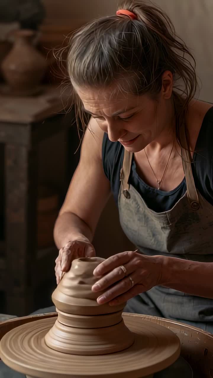 Vertical video: Wheel spinning, potter in apron shaping clay on wheel into cup in studio