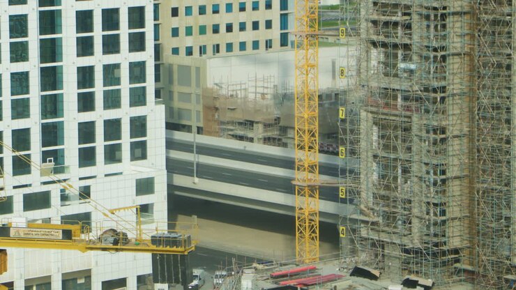Construcción urbana y autopista con coches en Dubái