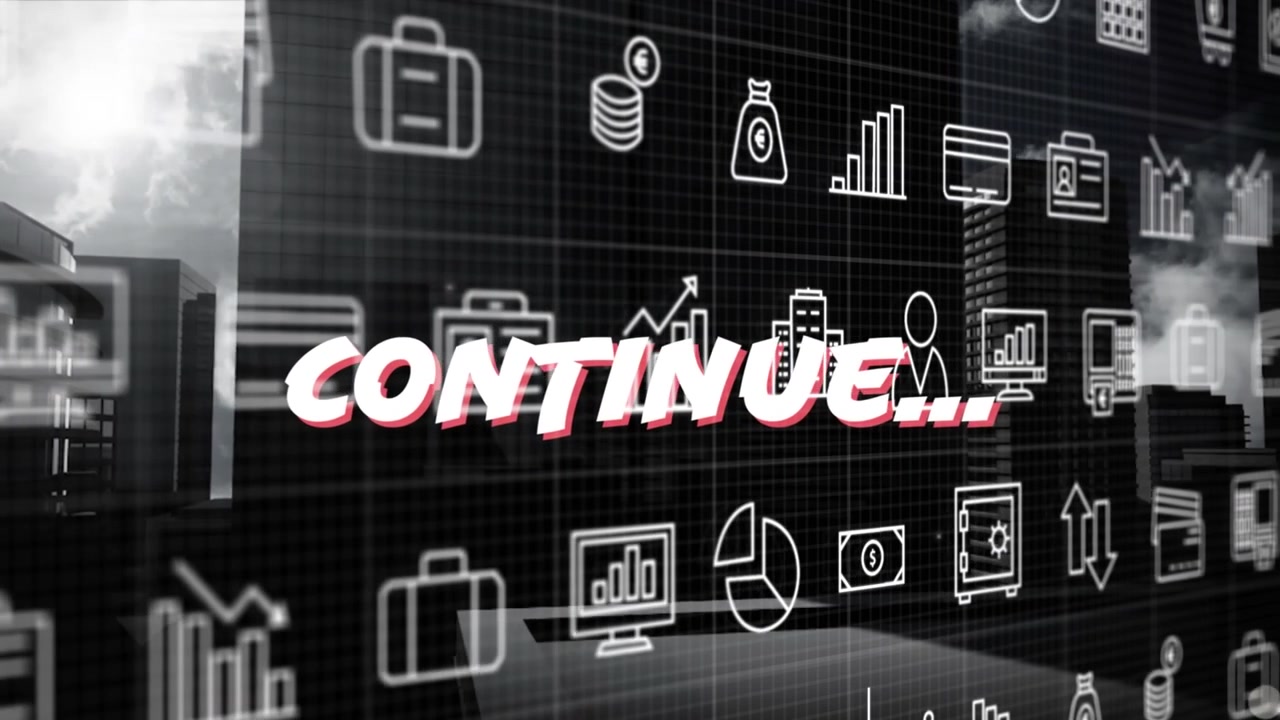 Animation of continue text and icons over cityscape