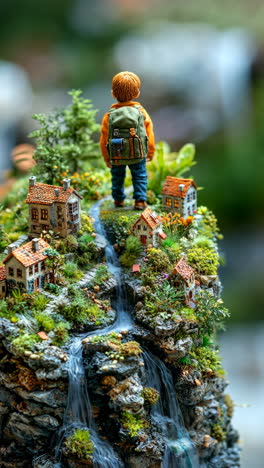 small figure exploring a miniature landscape with houses and a waterfall