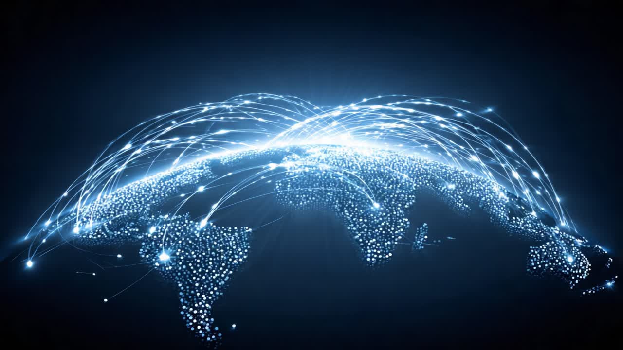 An Artistic Representation of Global Connectivity Featuring Illuminated Network Paths Over a Dark Themed World Map Illustrating Data Flow and Communication