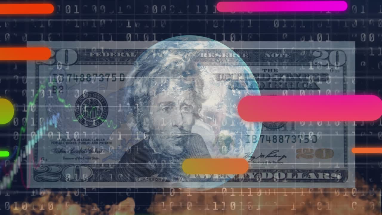 Animation of colorful tubes, binary code, flames and financial data moving over globe in navy space