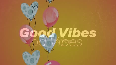 Animation-Der-Worte-„Good-Vibes“-In-Gelb-Mit-Schwebenden-Luftballons-Auf-Orange