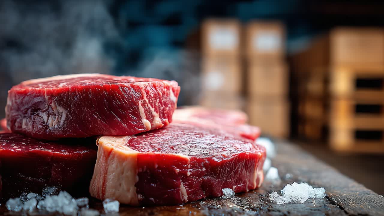 A Sizzling Collection of Freshly Sliced Steaks Ready for Cooking on a Rustic Wooden Board Surrounded by Glimmering Salt Crystals and Smoky Ambiance