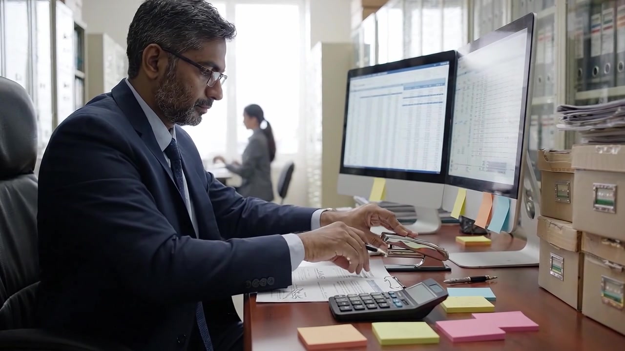 Profesional concentrado analizando datos en un escritorio de oficina moderno, rodeado de papeleo y tecnología, mientras colabora con un colega en segundo plano