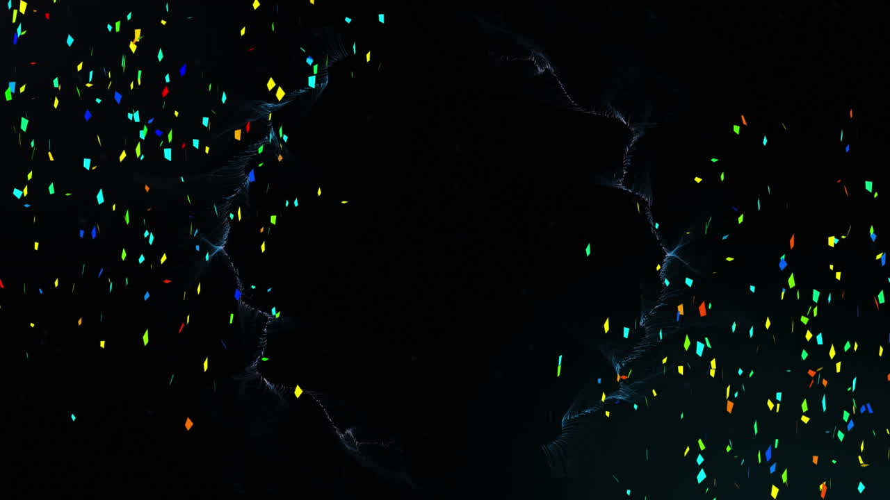 Animation of confetti falling over smoke trails moving on black background