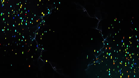 animation of confetti falling over smoke trails moving on black background