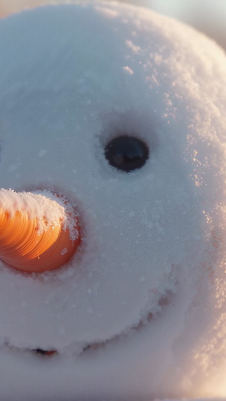 Vertical video: Camera starting on black eye, panning up over snow, revealing carrot nose sun glint