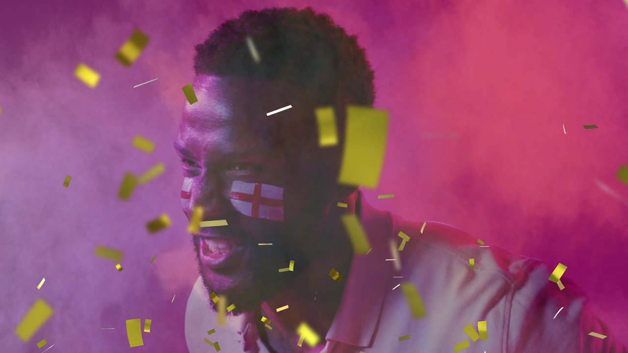 Animation of confetti over african american male supporter with flags of england