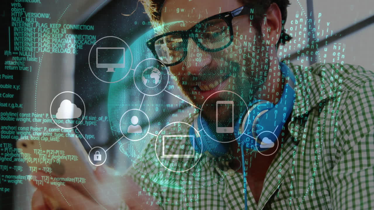 Technology expert holding smartphone in office, interacting with animated cloud, lock, code icons