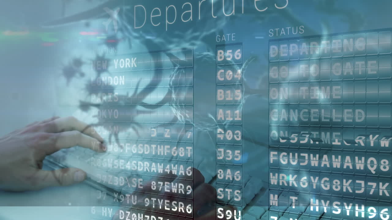 célula flotante de covid-19 sobre el tablero de salida del aeropuerto contra la sección media de la persona que usa la computadora