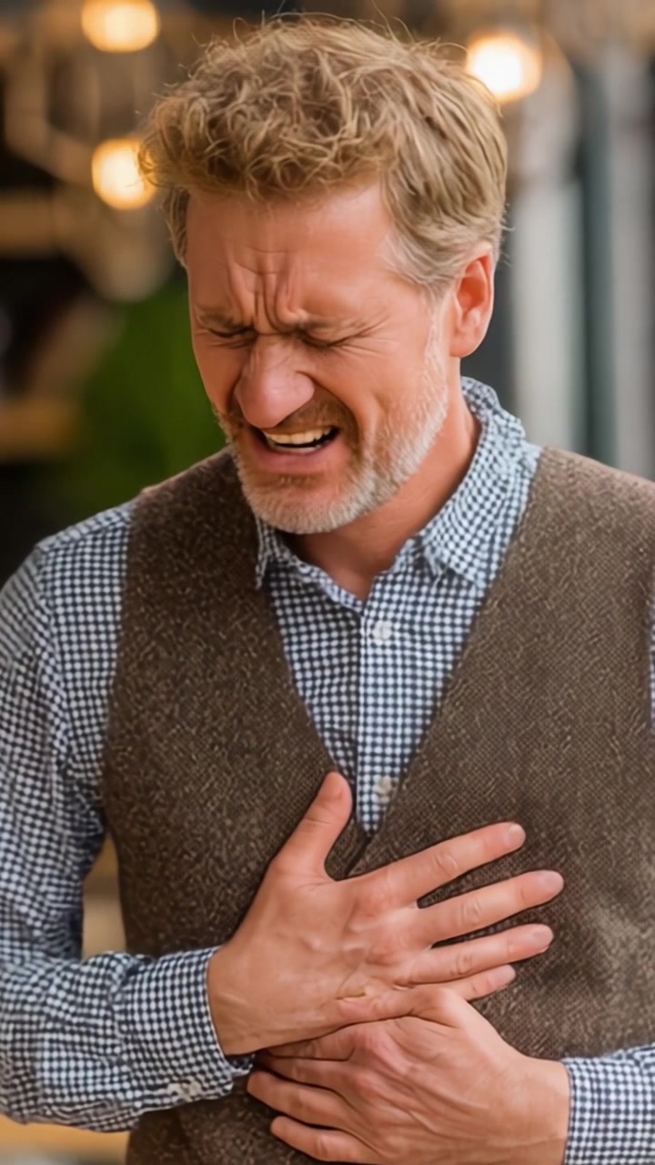 A man experiences sudden distress, holding his chest in discomfort, showcasing a moment of pain and anguish in an everyday setting, conveying deep emotional and physical struggle.