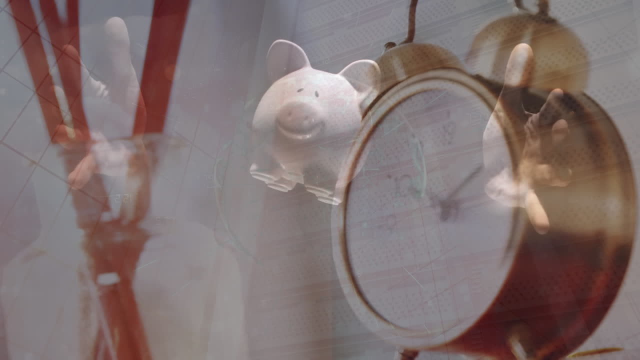 페인트 브러쉬와 알람 시계의 애니메이션 카우카시안 남자가 피기크를 잡는 중간 부분