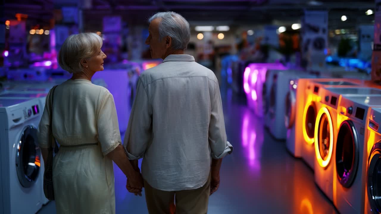A Charming Senior Couple Shares a Heartfelt Moment While Strolling Through a Modern Appliance Store, Enveloped in a Soft, Colorful Glow from the Washing Machines Displaying Their Bright Lights