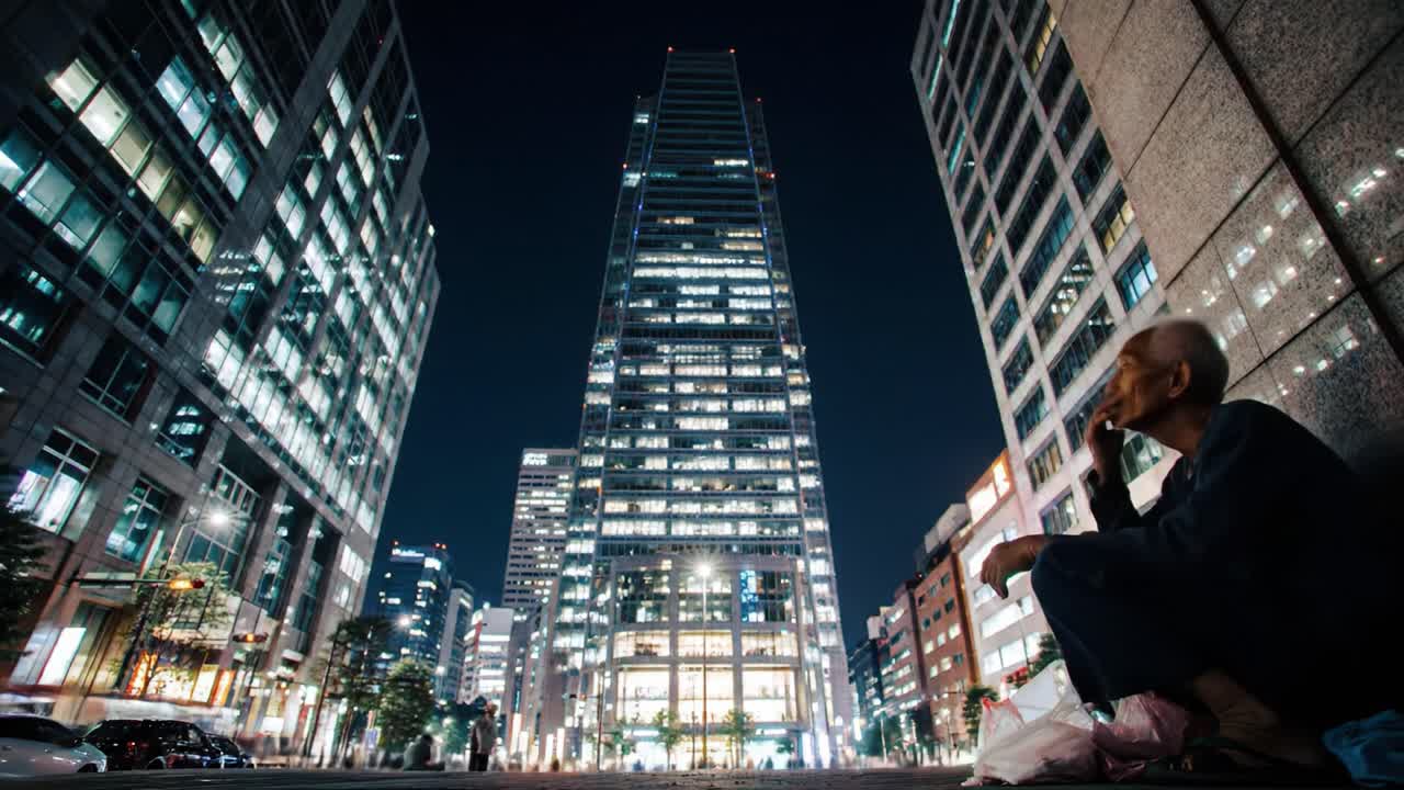 A man sits on the sidewalk in a bustling urban area at night. He appears contemplative, surrounded by towering skyscrapers and bright city lights.