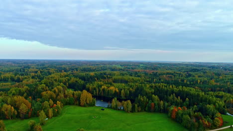 Vistas-Capturadas-Por-Drones-De-Exuberantes-Paisajes-Europeos-En-La-Región-Del-Báltico,-Con-Cielos-Nublados-Y-Horizontes-Despejados.