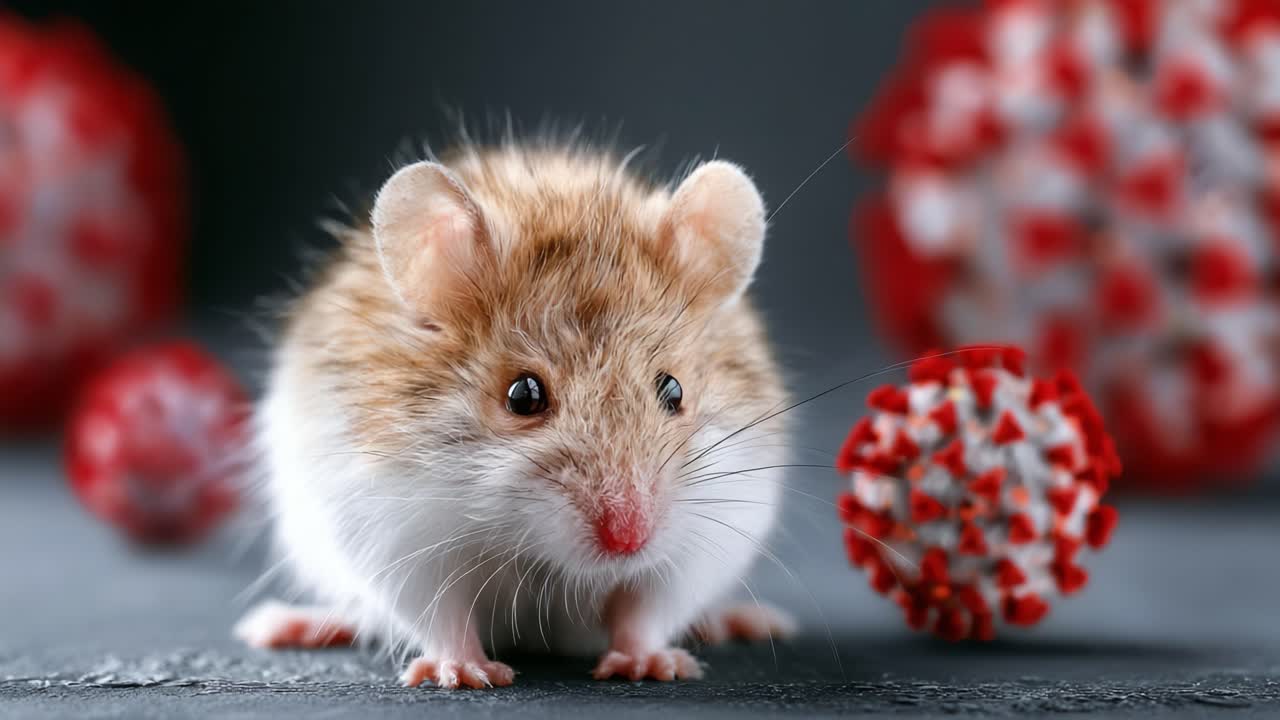 Primo Piano di un Topo Curioso Circondato da Modelli Virali Colorati, Che Mostra l'Affascinante Relazione tra Piccoli Animali e Microrganismi