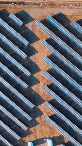 drone flying around solar power plant. autumn yellow field with rows of solar panels at sunset. vertical video