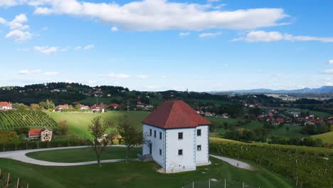Aerial-footage-circling-around-beautiful-old-house-in-a-hill-with-vineyards-with-amazing-view-on-surrounding-landscape