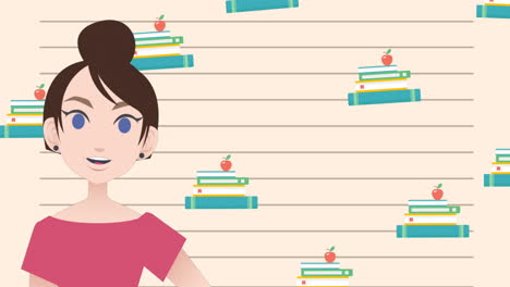 animación de una mujer hablando sobre iconos de libros