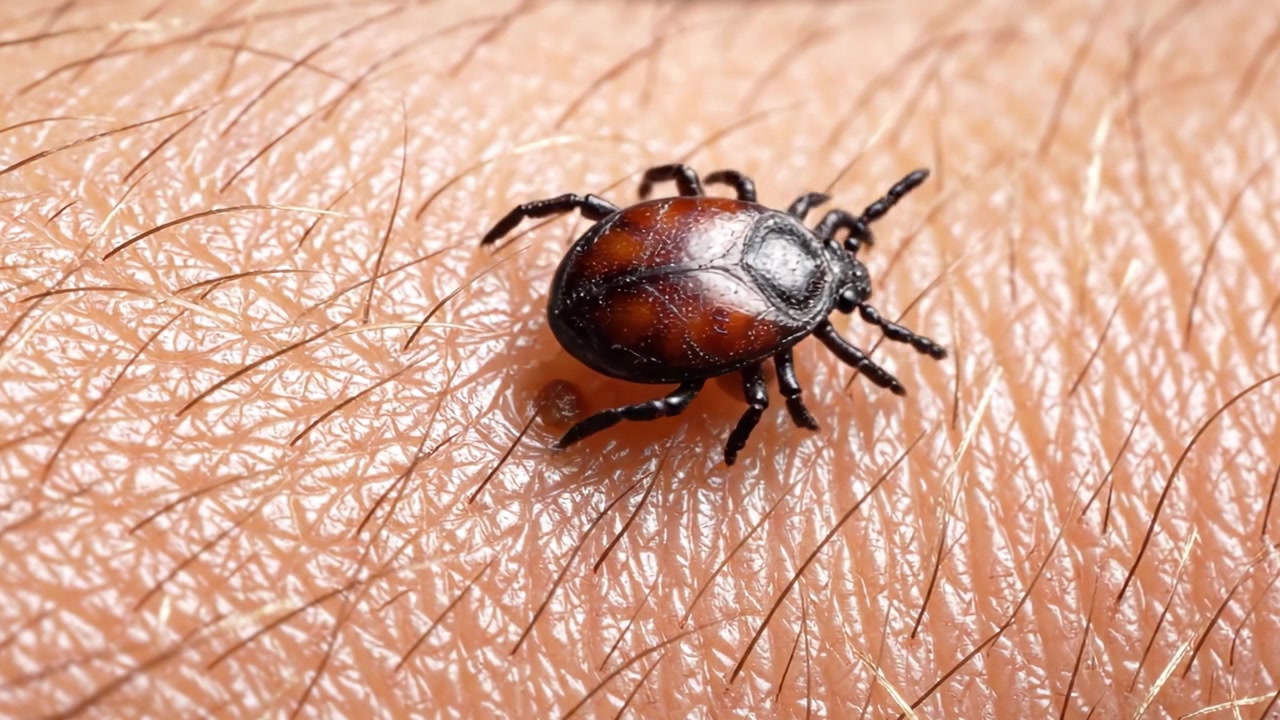 Immagini ravvicinate di una zecca sulla pelle umana, che evidenziano la sua distinta struttura corporea e la texture della pelle circostante, illustrando la necessità di consapevolezza e prevenzione delle zecche.