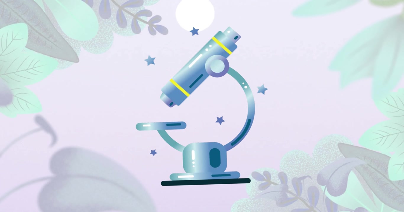 Animação de ícone de microscópio sobre plantas em fundo roxo.