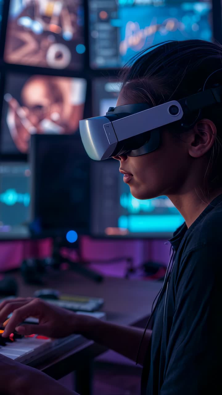 Vertical video: Reacting to MR visuals, hooded woman pressing MIDI pads in home studio, copy space