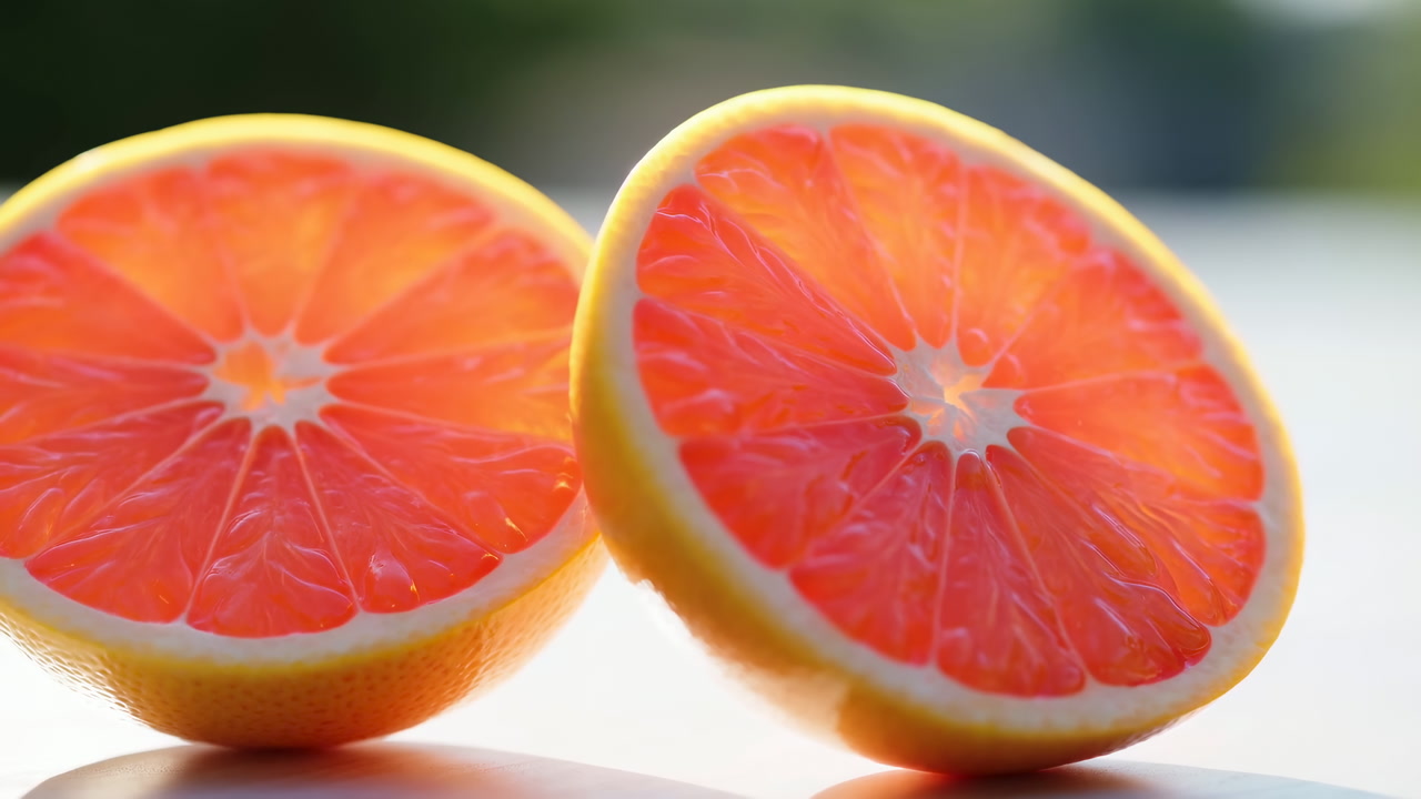 Bright Halved Pink Grapefruit On Table Closeup Showing Juicy Pulp And Radiant Backlit Color, Subtle Dew